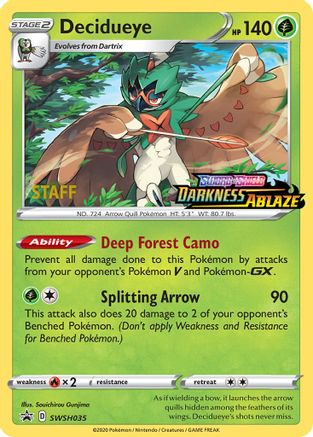 Decidueye - SWSH035 (Prerelease) [Staff] - SWSH Sword & Shield Promo Cards Holofoil