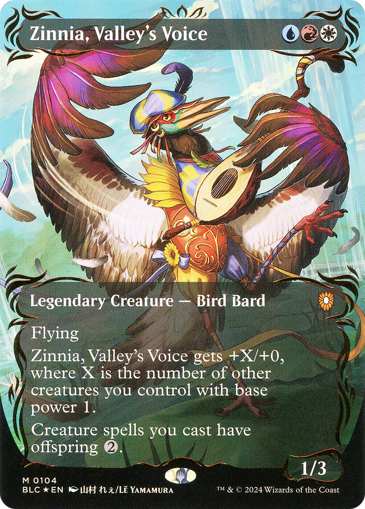 Zinnia, Valley's Voice (Borderless) (Raised Foil) (BLC-104) - Bloomburrow Commander (Borderless) Foil