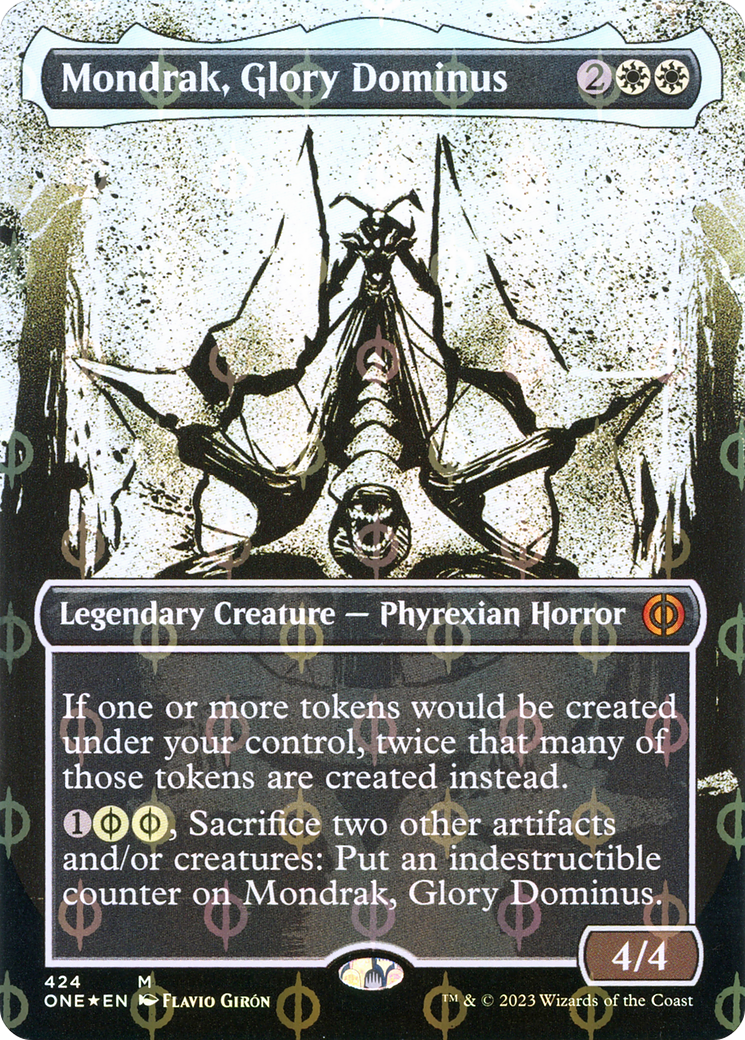 Mondrak, Glory Dominus (Showcase) (Step-and-Compleat Foil) (ONE-424) - Phyrexia: All Will Be One: (Showcase) (Borderless) Foil